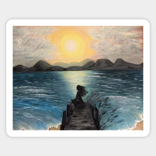 Ocean Sunset Painting Original Art Girl on Dock Nature Beach Gifts Sticker